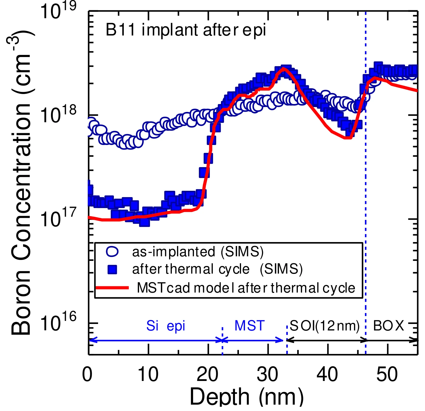 Boron profile on thin SOI with MST: SIMS as implanted and after the thermal cycle, with the MSTcad™ model